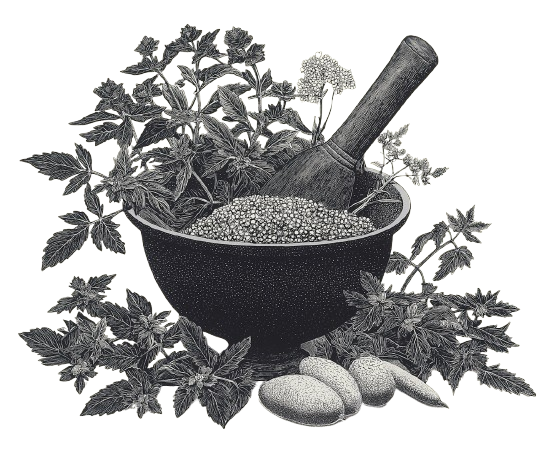 Mortar and pestle with healing herbs