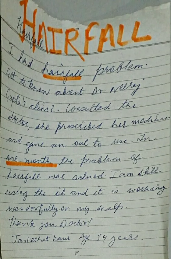 Handwritten note about Hair fall from Tasveerat Kaur
